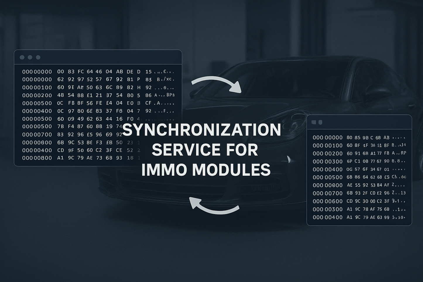 a picture of hex data screenshot on left, hex data screenshot on right connected with two arrows, a text showing synchronization service for immo modules, with a porsche panamera 971 on the background
