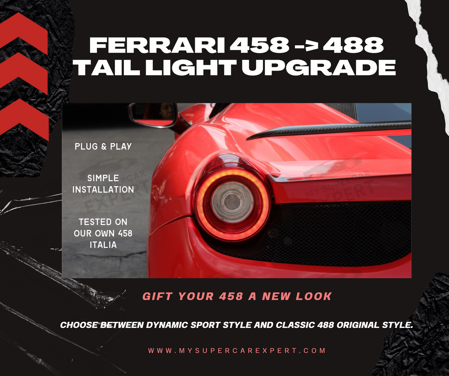 Ferrari 458 (F142) 2009-2015 488 style Tail Lights aftermarket upgrade kit