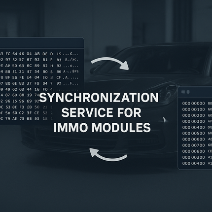 a picture of hex data screenshot on left, hex data screenshot on right connected with two arrows, a text showing synchronization service for immo modules, with a porsche panamera 971 on the background