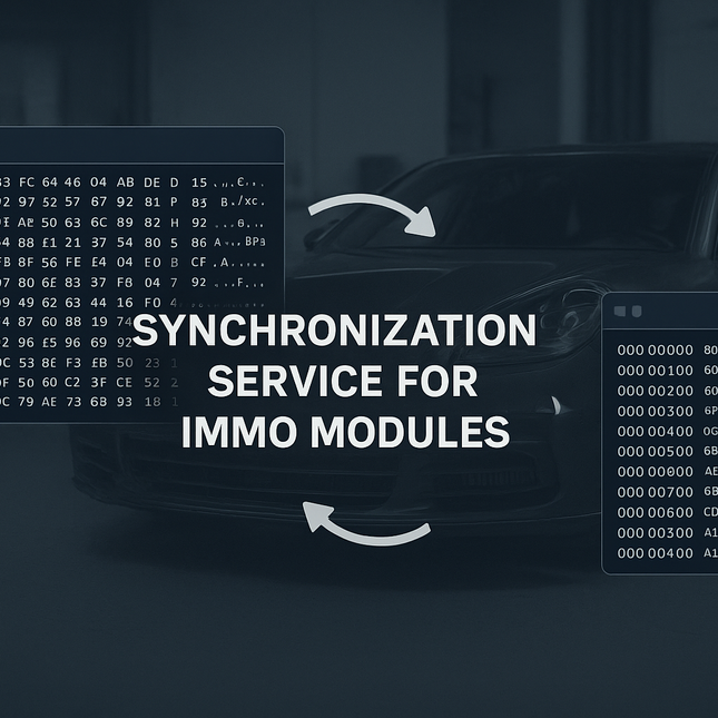 a picture of hex data screenshot on left, hex data screenshot on right connected with two arrows, a text showing synchronization service for immo modules, with a porsche panamera 971 on the background