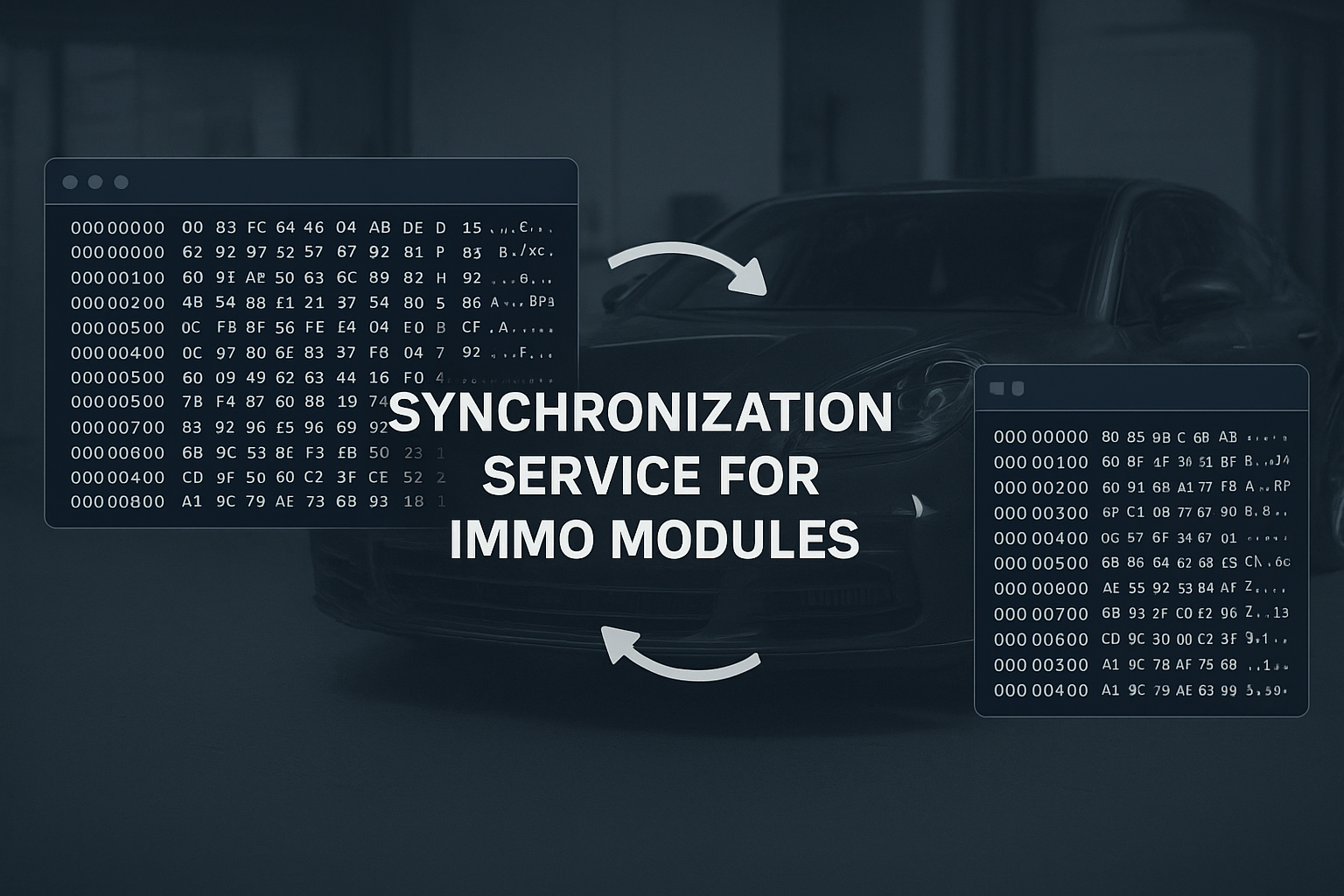 a picture of hex data screenshot on left, hex data screenshot on right connected with two arrows, a text showing synchronization service for immo modules, with a porsche panamera 971 on the background