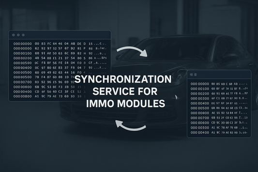 a picture of hex data screenshot on left, hex data screenshot on right connected with two arrows, a text showing synchronization service for immo modules, with a porsche panamera 971 on the background