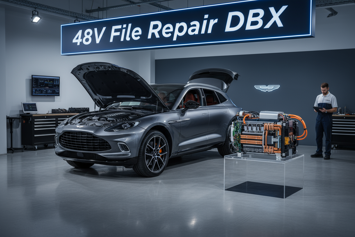 picture of aston martin DBX and a 48v battery with title: 48V File Repair DBX